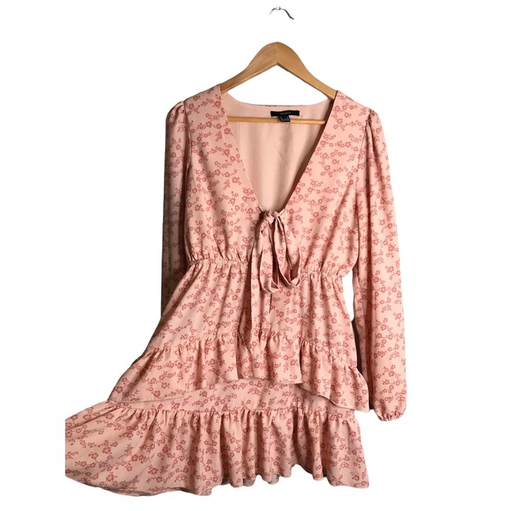Forever 21 | Pink Floral Long Sleeve chest cut out tie Dress tiered •